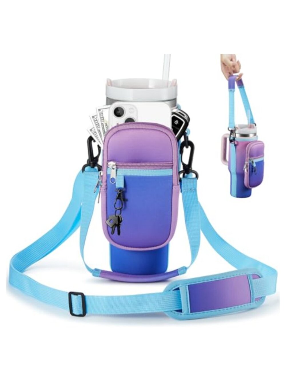 Neoprene Water Bottle Carrier Bag Adjustable Strap Phone Pocket